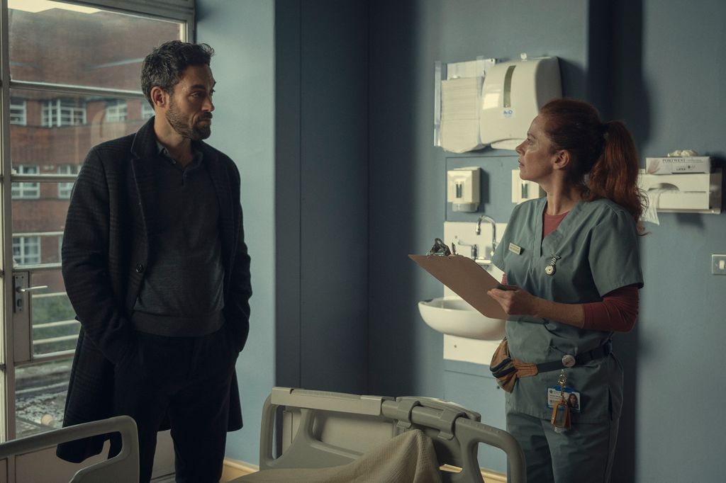Alex Hassell as Dr Lawrence and Anna Friel as Nurse McKenzie in Locked In