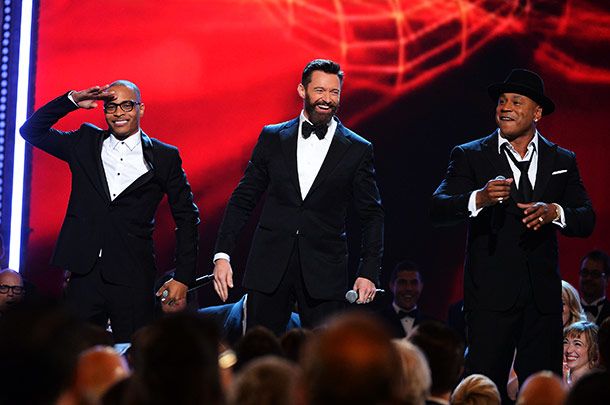 Hugh Jackman on stage with T.I and LL Cool J 