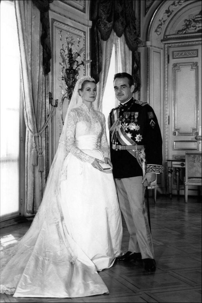Grace Kelly and Prince Rainier pose on wedding day