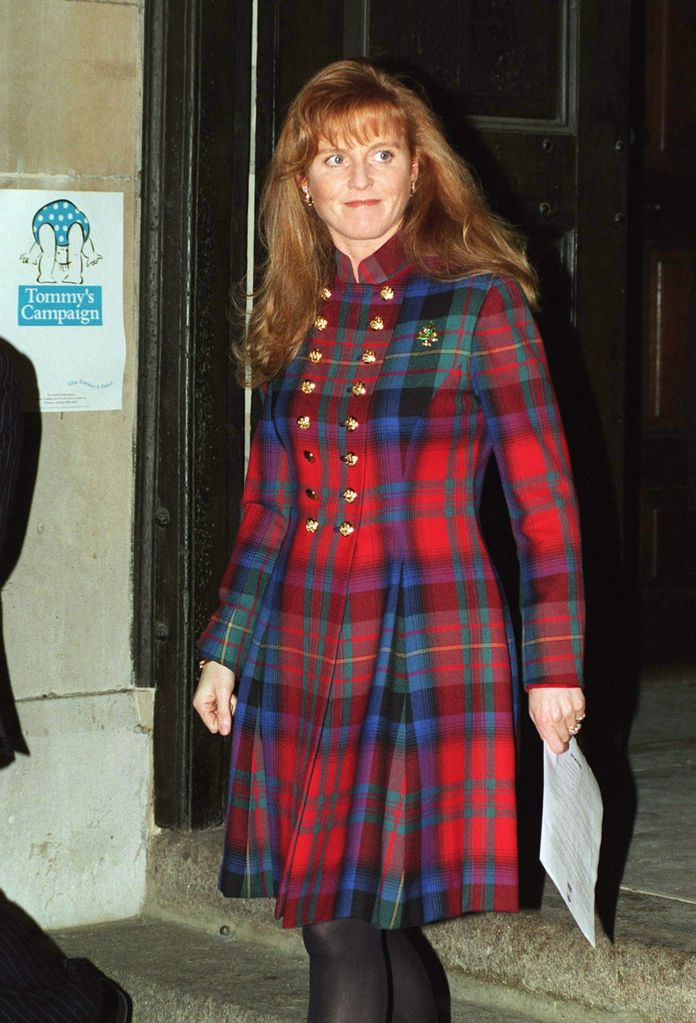 Sarah Ferguson in red tartan coat dress