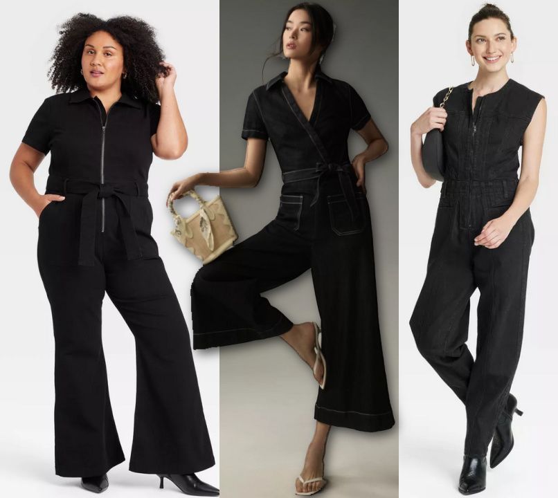 Anthropologie's faux wrap look, center, and Target's two under-$45 denim jumpsuits