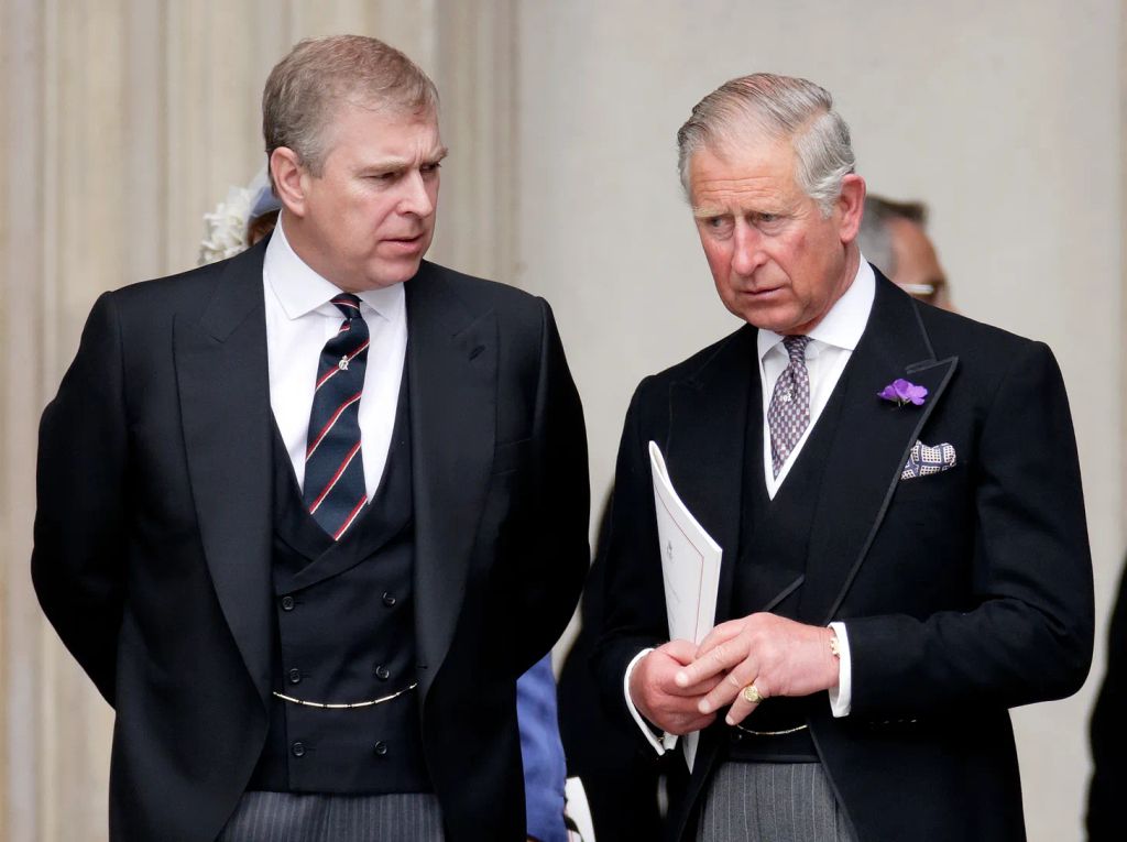 Prince Andrew and King Charles wearing tuxedos