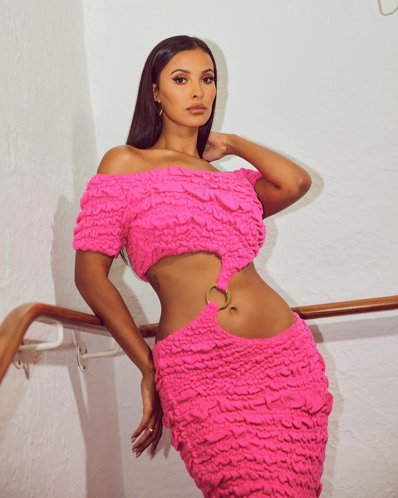 Maya Jama Poses in a pink dress on Love Island