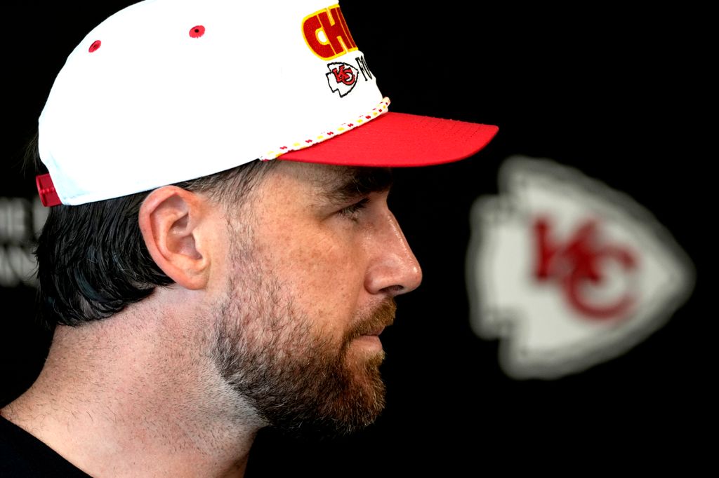 Travis Kelce #87 of the Kansas City Chiefs talks with the media after a mandatory minicamp at The University of Kansas Health System Training Complex