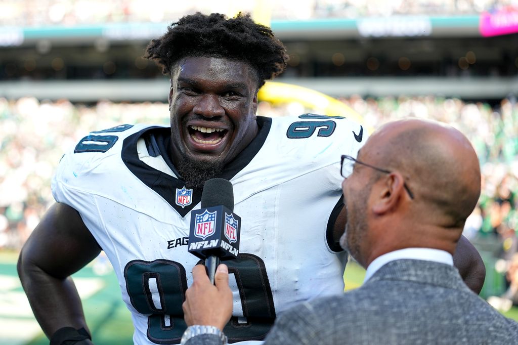 Jordan Davis #90 of the Philadelphia Eagles during an interview after defeating the Los Angeles Rams 33-26