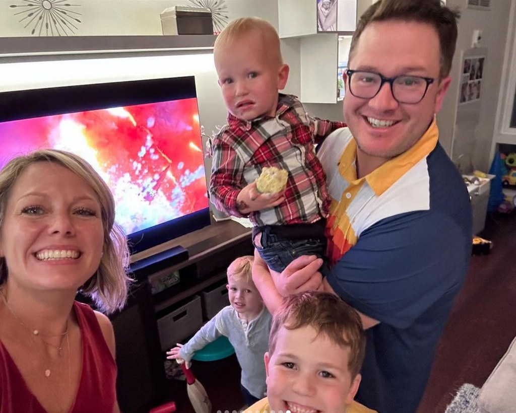 Photo shared by Dylan Dreyer on Instagram September 30, 2023 of her with her husband and their three sons Calvin, Oliver and Russell taking a selfie while celebrating Russell's second birthday.