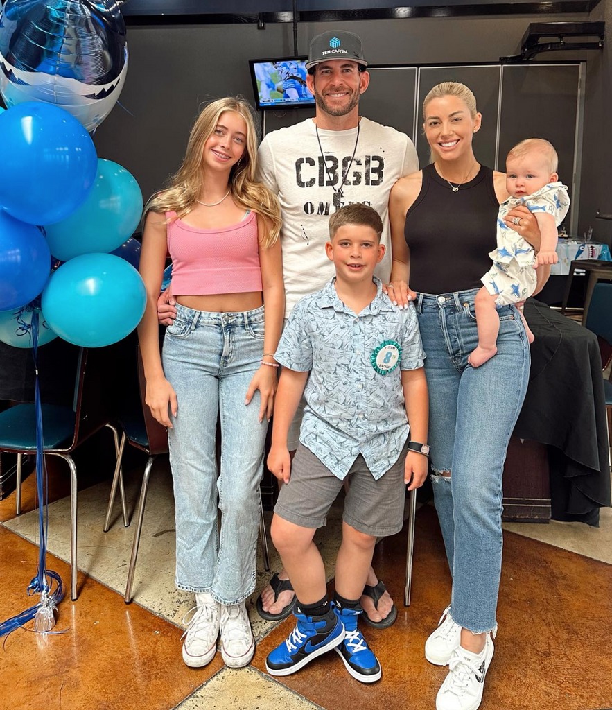 Photo shared by Heather Rae Young on Instagram August 2023 in a birthday tribute to her husband Tarek El Moussa, where she is pictured with her son Tristan, husband Tarek, plus his kids with Christina Hall, Taylor and Brayden