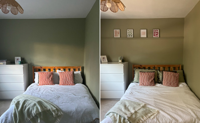 bedroom before and after with picture shelf 