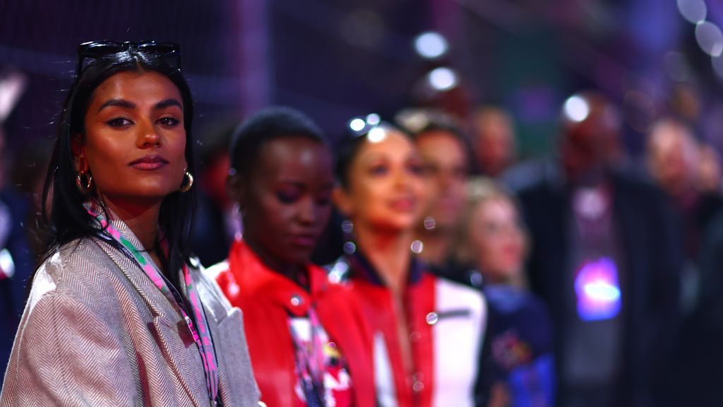 Simone Ashley looks on prior to the F1 Grand Prix of Las Vegas at Las Vegas Strip Circuit on November 18, 2023 in Las Vegas, Nevada