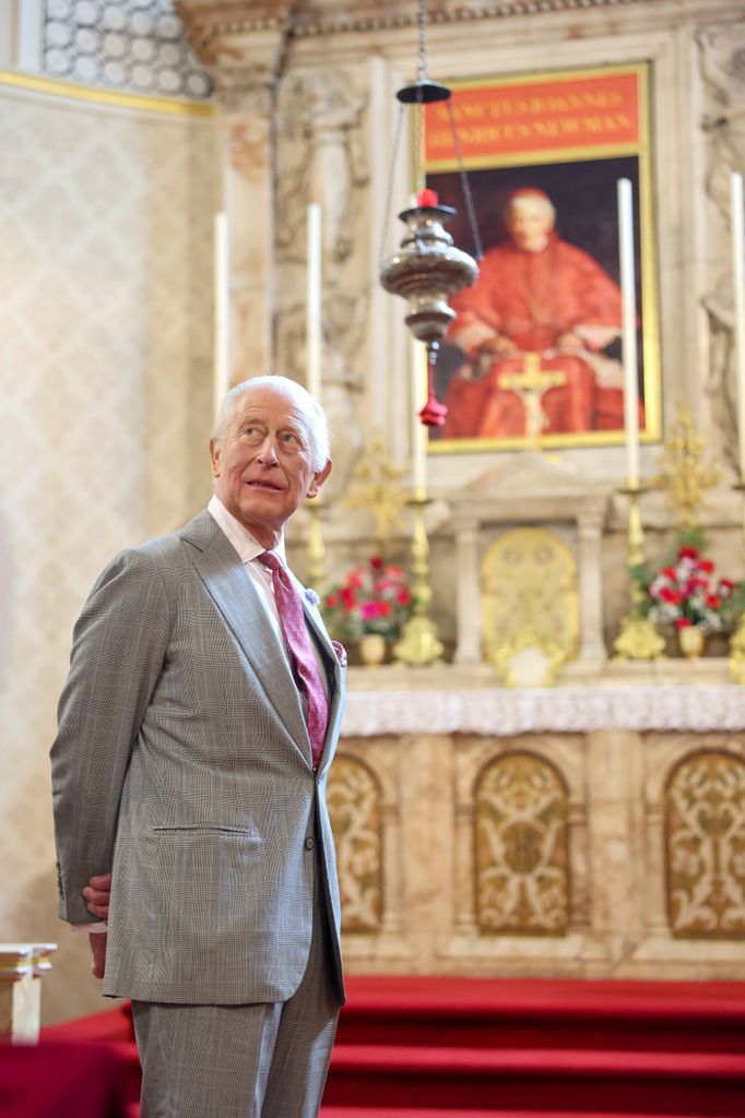 King Charles III during a tour of The Oratory of St. Philip Neri following the canonisation of Cardinal John Henry Newman on September 03, 2025 in Birmingham, England.