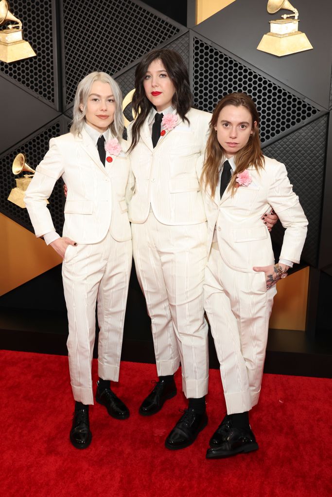 LOS ANGELES - FEBRUARY 4:  Julien Baker, Phoebe Bridgers and Lucy Dacus of US indie group boygenius arrives at The 66th Annual Grammy Awards, airing live from Crypto.com Arena in Los Angeles, California, Sunday, Feb. 4 (8:00-11:30 PM, live ET/5:00-8:30 PM, live PT) on the CBS Television Network. (Photo by Stewart Cook/CBS via Getty Images)