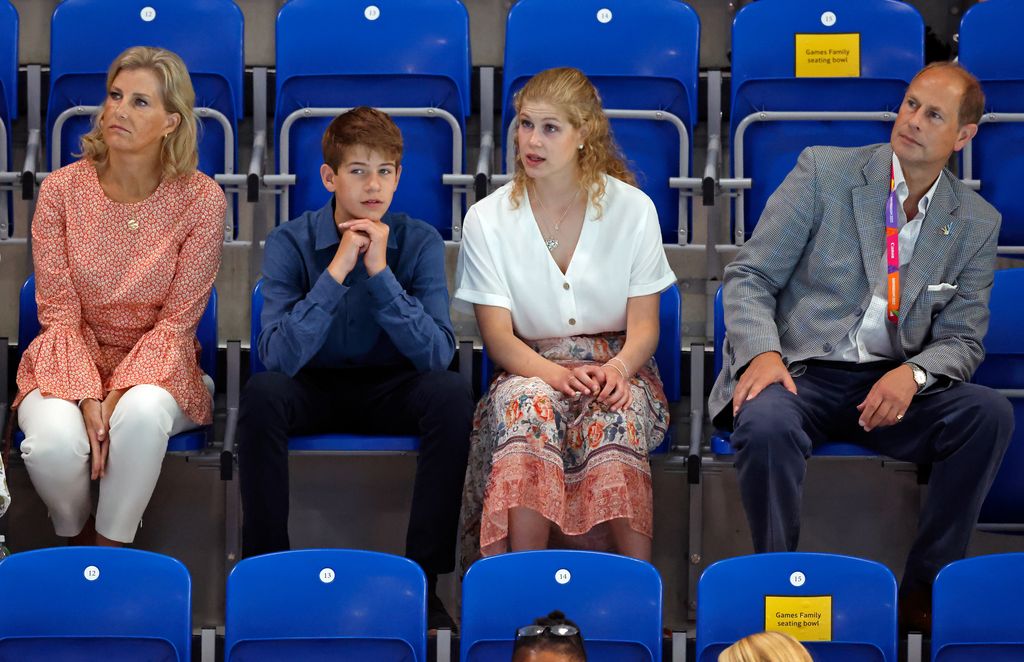 Duchess Sophie, James, Earl of Wessex, Lady Louise Windsor and Prince Edward watching swimming