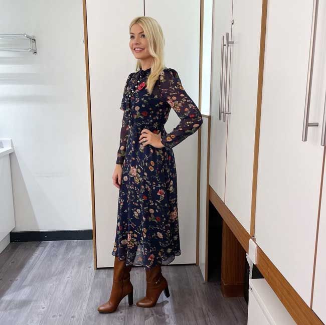 holly willoughby in long autumn dress and heeled boots