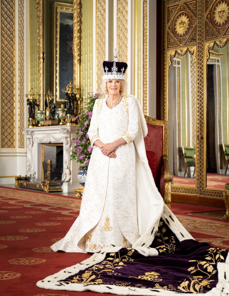 Queen Camilla is pictured in The Green Drawing Room of Buckingham Palace in ueen Mary's Crown and Robe of Estate