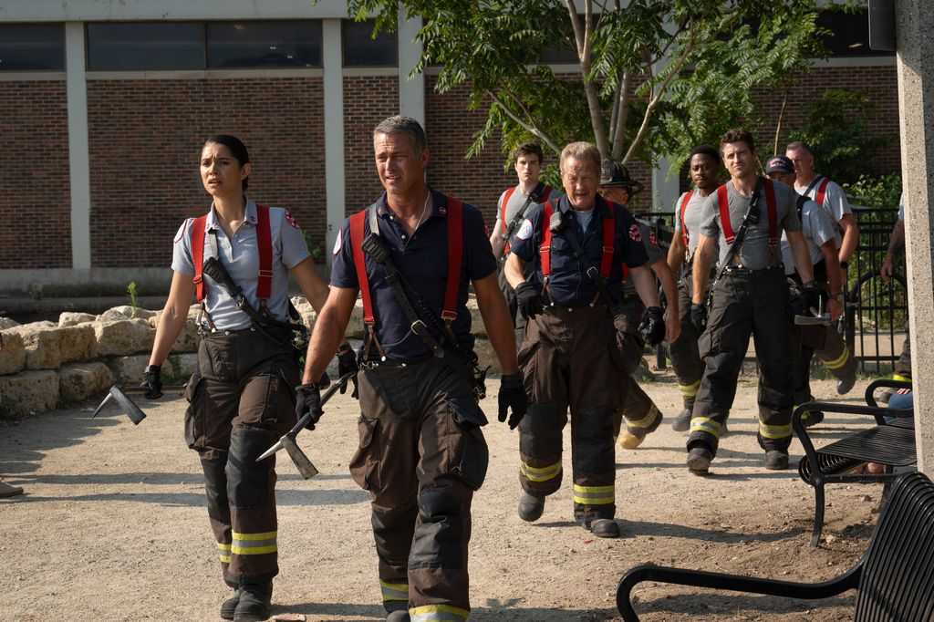 Miranda Rae Mayo as Stella Kidd, Taylor Kinney as Kelly Severide, Michael Bradway as Damon, Christian Stolte as Randy "Mouch" McHolland, Daniel Kyri as Darren Ritter, Jake Lockett as Sam Carver on Chicago Fire