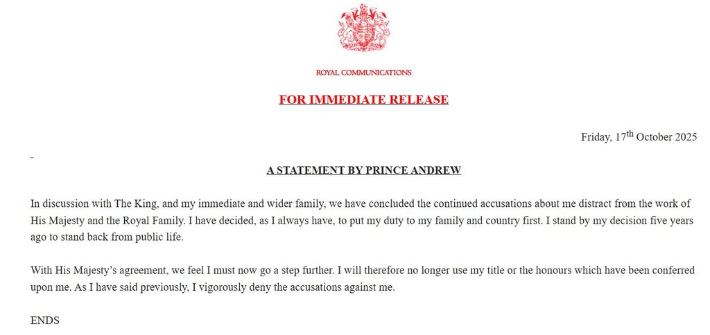 The statement was released at 7pm on Friday 17th October