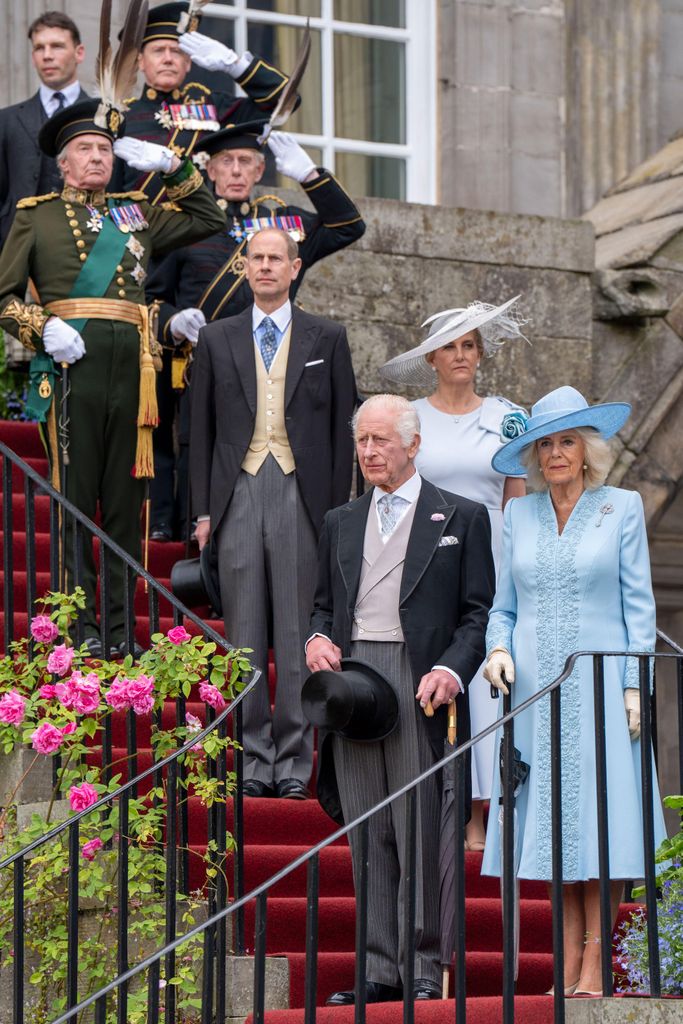King Charles III and Queen Camilla with the Duke and Duchess of Edinburgh during the Sovereign's Garden Party held at the Palace of Holyroodhouse in Edinburgh