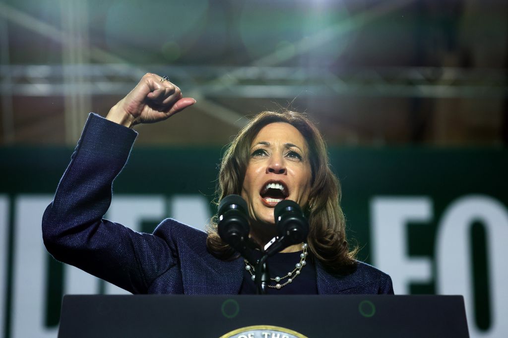 Kamala Harris speaks at a campaign rally at Jenison Field House on the Michigan State University campus on November 03, 2024 