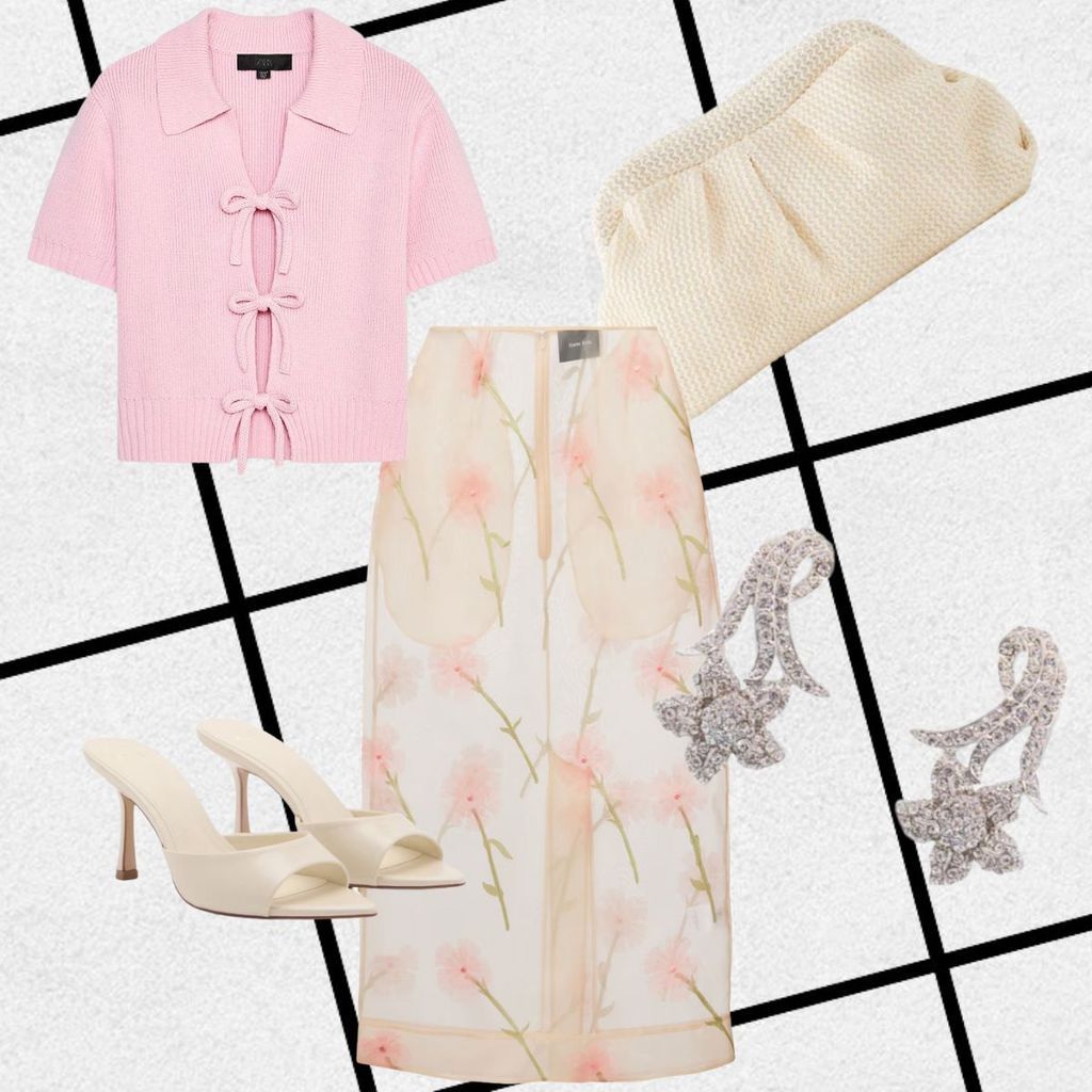 A sheer, flowing cream skirt printed with watercolor pink flowers moves gently with each step. A knitted bubblegum-pink top with three bow ties adds charm. Delicate heels and rhinestone floral earrings bring sparkle to this dreamy, ultra-feminine Easter outfit.
