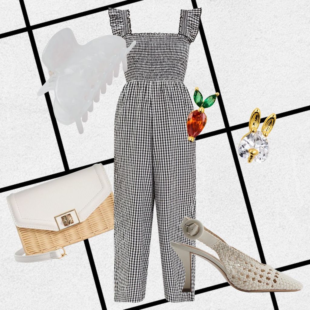 A black-and-white gingham jumpsuit with smocked bodice and flutter straps offers a fitted but flexible feel. Woven heels and a wicker bag add rustic charm. Playful fruit-shaped jewelry and a glossy claw clip bring quirky energy—perfect for outdoor fun.
