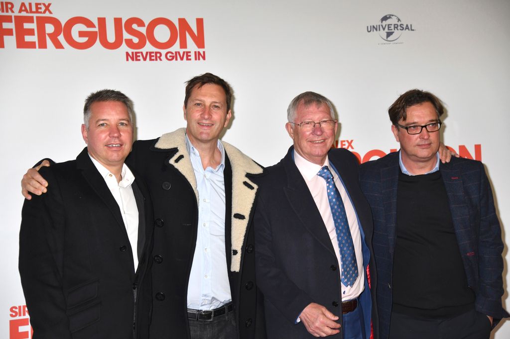 Sir Alex Ferguson (CR) and children (L-R) Darren Ferguson, Mark Ferguson and Jason Ferguson attend the premiere screening of "Sir Alex Ferguson: Never Give In" at the iconic Old Trafford