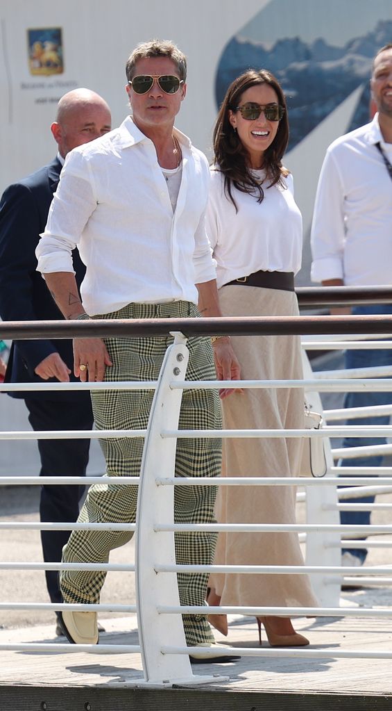 Hollywood star Brad Pitt and his new girlfriend Ines de Ramon are seen arriving at Marco Polo Airport in Venice for the 81st Venice International Film Festival