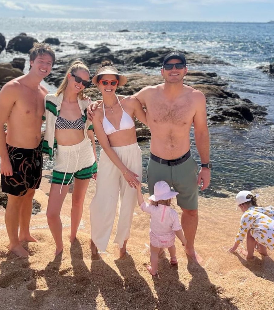 Photo shared by Katherine Schwarzenegger on Instagram January 2024 where she is at the beach posing with her brother Patrick, his fiancée Abby, her husband Chris Pratt, and their two daughters