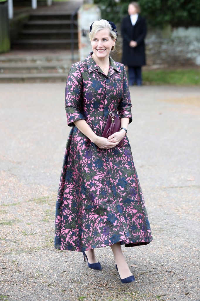 Duquesa Sophie usando vestido de Erdem no serviço religioso do dia de Natal na Igreja de Santa Maria Madalena em 25 de dezembro de 2017 em King's Lynn, Inglaterra. 