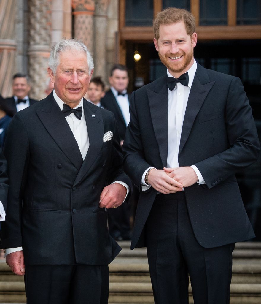 King Charles and Prince Harry in tuxedos