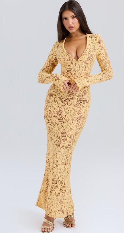 Indiana
Apricot Plunge Lace Maxi Dress by house of CB