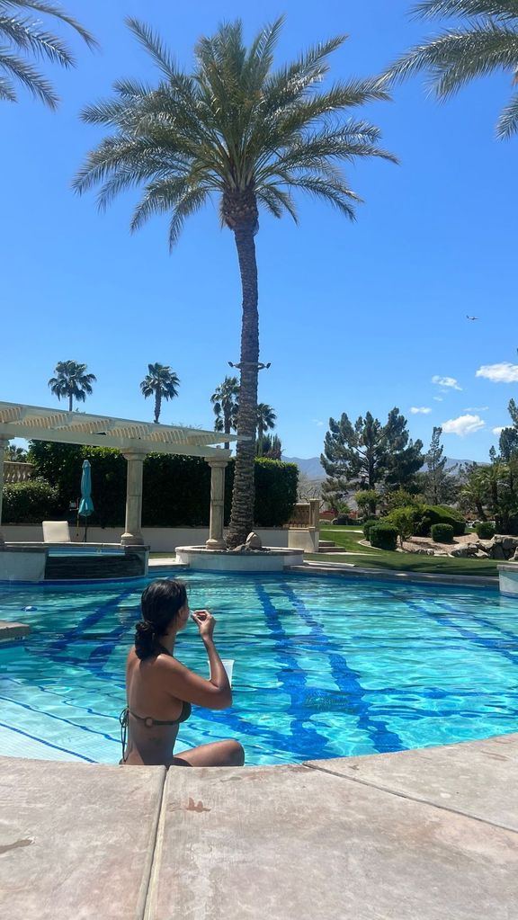 Maya Jama lounged by the pool in Palm Springs