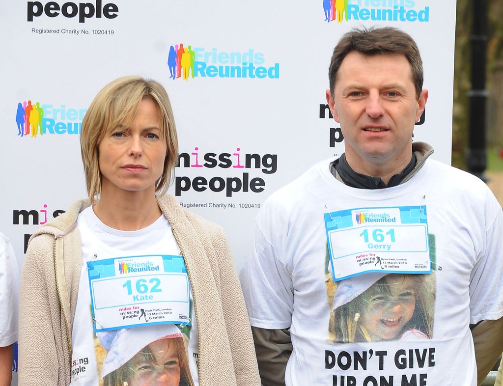 Kate and Gerry McCann, wearing t-shirts printed with a photo of their missing daughter Madeleine