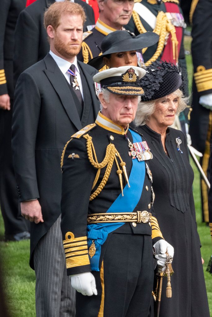 King Charles, Queen Camilla, Prince Harry and Meghan at Queen Elizabetth II's funeral