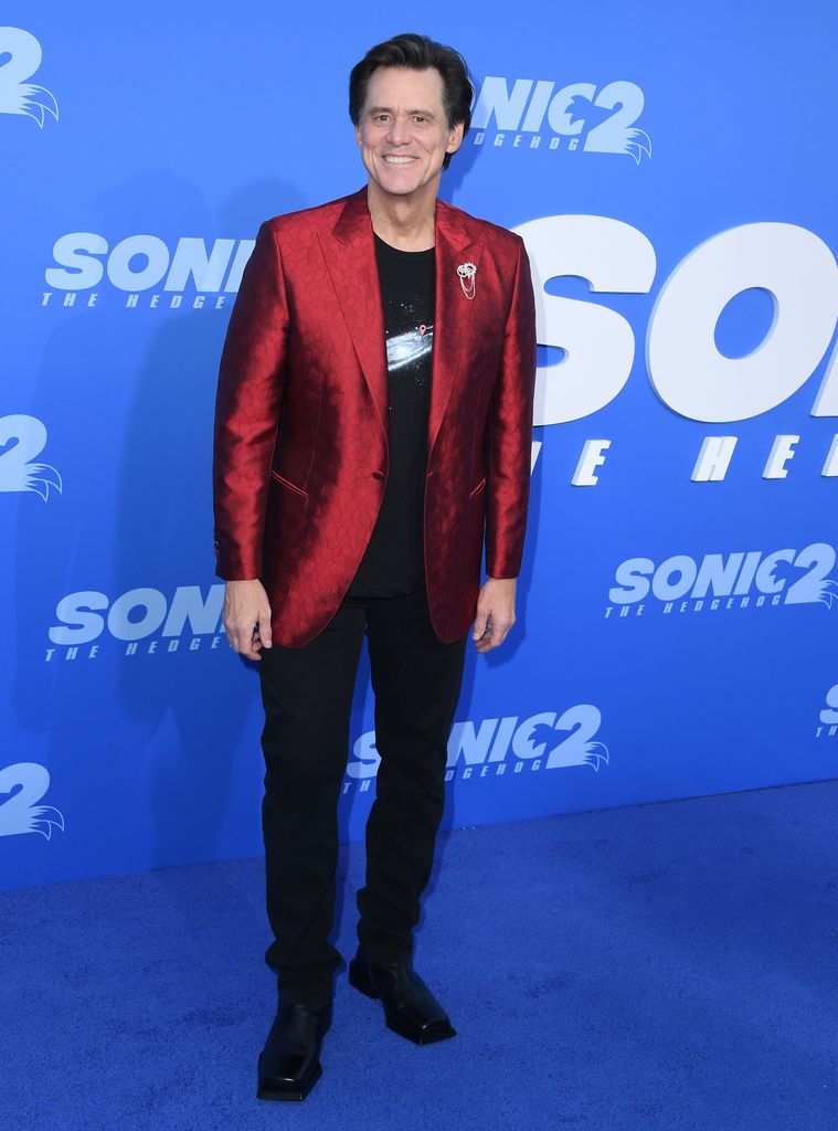 Jim Carrey arrives at the Los Angeles Premiere Screening Of "Sonic The Hedgehog 2" at Regency Village Theatre on April 05, 2022 in Los Angeles, California.