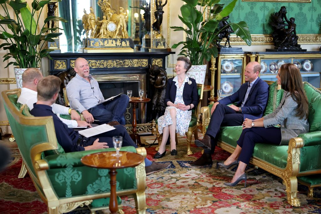  Mike Tindall, Princess Anne, Princess Royal, Prince William, Prince of Wales and Catherine, Princess of Wales attend the recording of a special episode of The Good, The Bad and The Rugby podcast, in the Green Drawing Room at Windsor Castle, on September 06, 2023