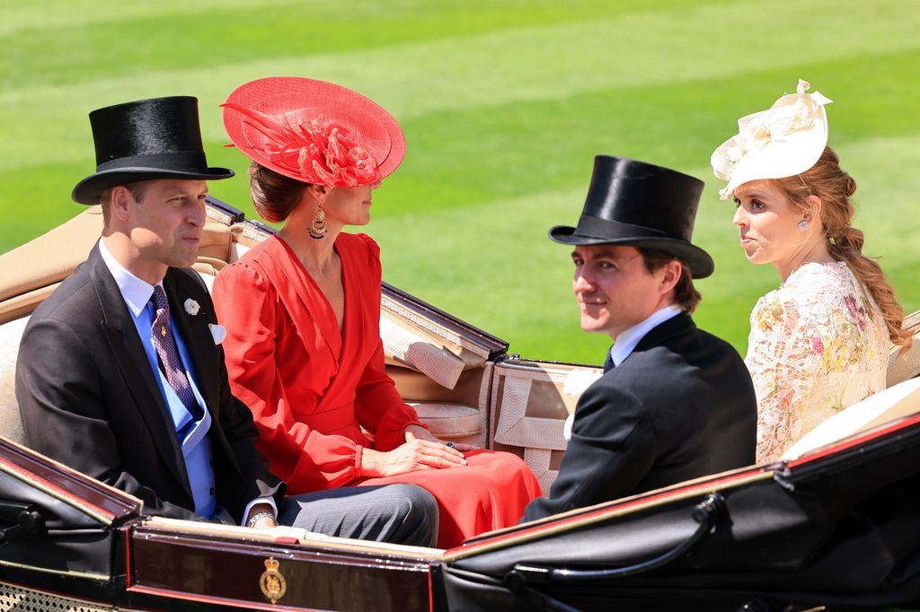 =The Prince and Princess of Wales arrive by carriage  with Princess Beatrice and Edoardo Mapelli Mozzi during day four of Royal Ascot Royal Ascot, Day Four, Horse Racing, Ascot Racecourse, Berkshire, UK