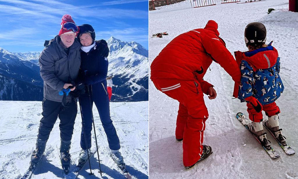 A split image of Carrie and Boris Johnson and their son Wilfred while skiing 