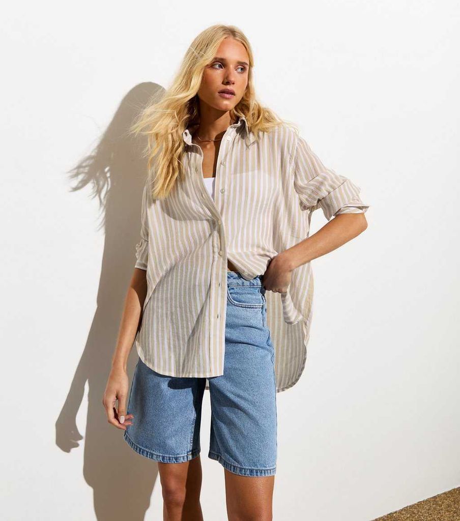 New Look Camel Cotton-Blend Crinkle Stripe Print Shirt