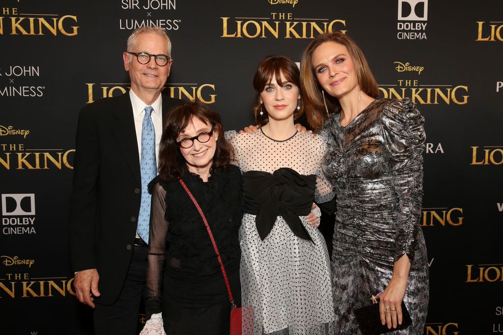Caleb Deschanel, Mary Jo Deschanel, Zooey Deschanel, and Emily Deschanel attend the World Premiere of Disney's "THE LION KING" at the Dolby Theatre on July 09, 2019 in Hollywood, California