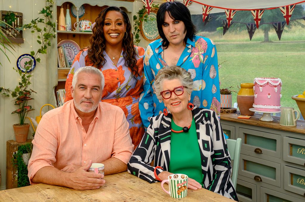 Alison Hammond wearing orange and lilac shirt and skirt from Never Fully Dressed on Great British Bake Off