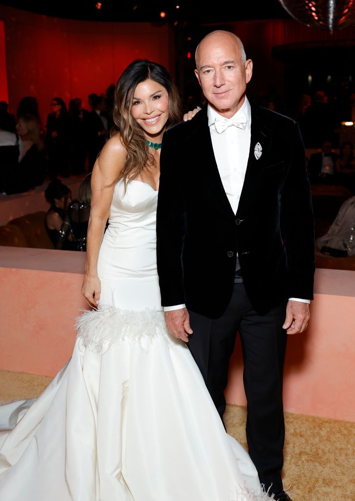 Lauren Sanchez and Jeff Bezos attend the 2025 Vanity Fair Oscar Party 