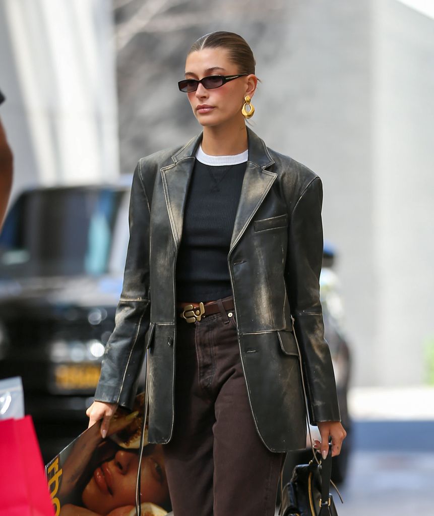 Hailey Bieber looks sensational in leather and super-shoppable trousers ...