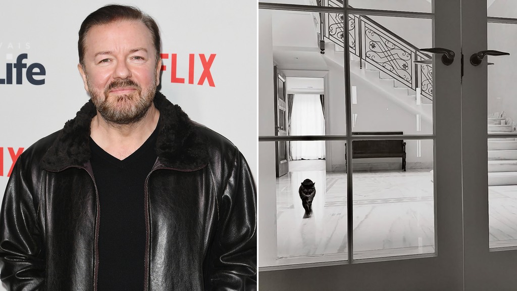 split image showing Ricky Gervais at Netflix event and his hallway at home