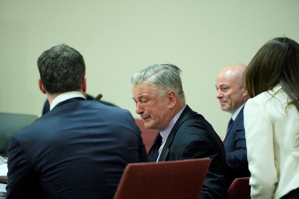 Actor Alec Baldwin reacts during his trial on involuntary manslaughter at Santa Fe County District Court