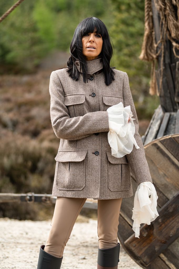 Claudia Winkleman wearing a Chloe herringbone military coat 