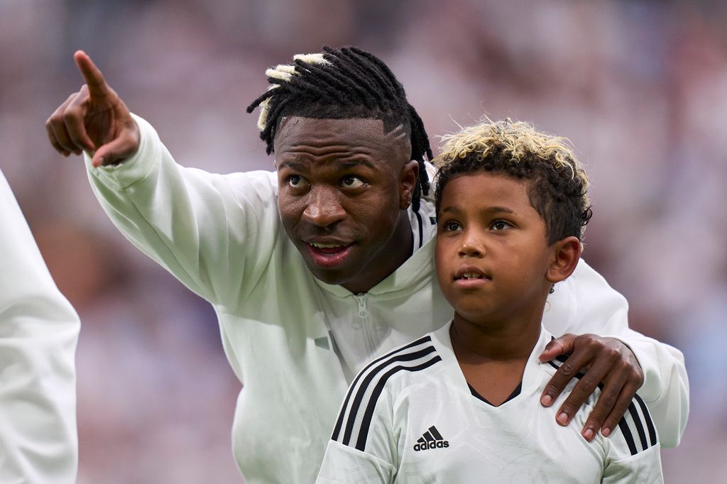 Vinicius Junior of Real Madrid CF with Saint West, son of Kim Kardashian and Kanye West at the La Liga match between Real Madrid CF and Real Valladolid CF