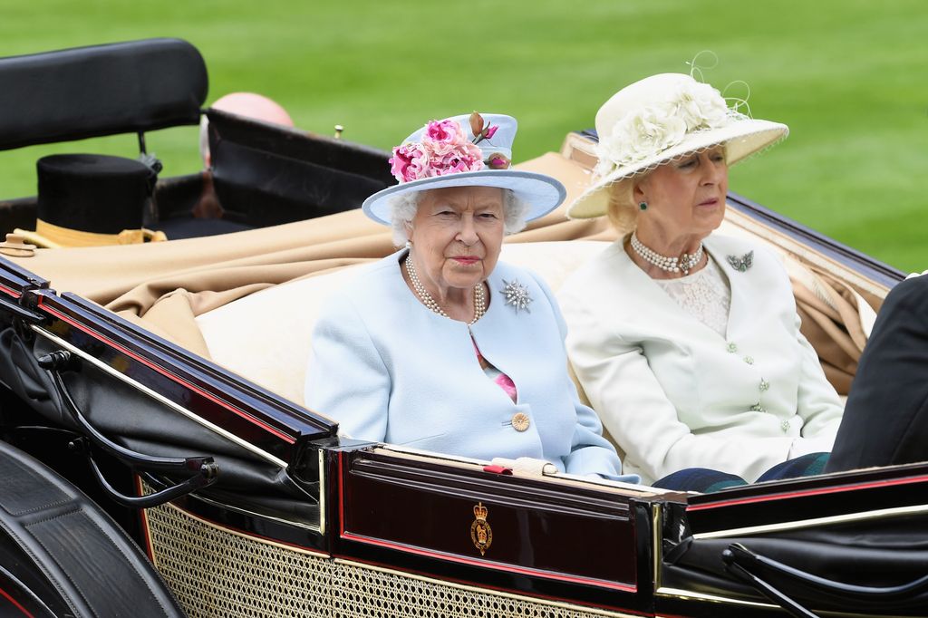 Queen Elizabeth II and Princess Alexandra, The Honourable Lady Ogilvy arrive in the royal procession at Royal Ascot 