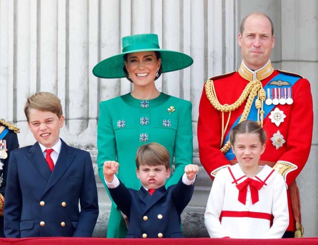  Prince George of Wales, Prince Louis of Wales, Catherine, Princess of Wales (Colonel of the Irish Guards), Princess Charlotte of Wales and Prince William, Prince of Wales stood on the balcony during Trooping The Colour