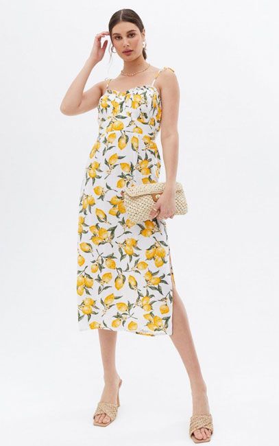 new look lemon print ruched dress