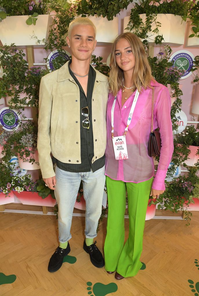 Romeo Beckham and Mia Regan pose in evian's VIP suite, certified as carbon neutral by The Carbon Trust, during day one of The Championships, Wimbledon 2021 on June 28, 2021 in London, England.  (Photo by David M. Benett/Dave Benett/Getty Images for evian)